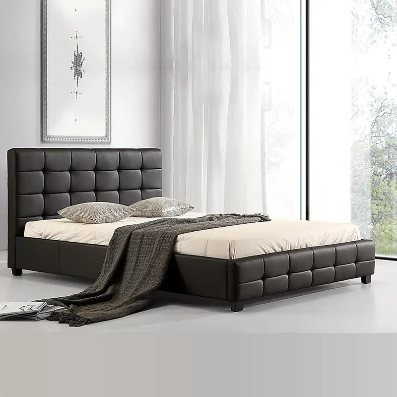 Modern Black Pu Leather Queen Bed Frame – Refined Upholstered Base 1