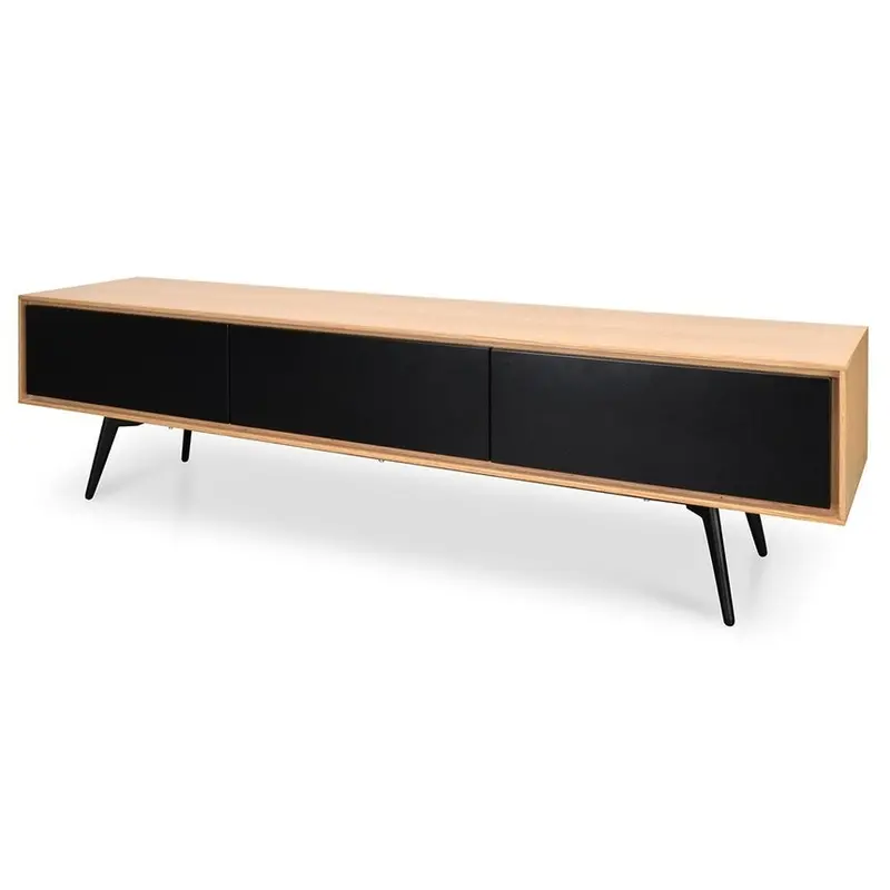 Natural-Finish Tv Stand With Black Drawers 1