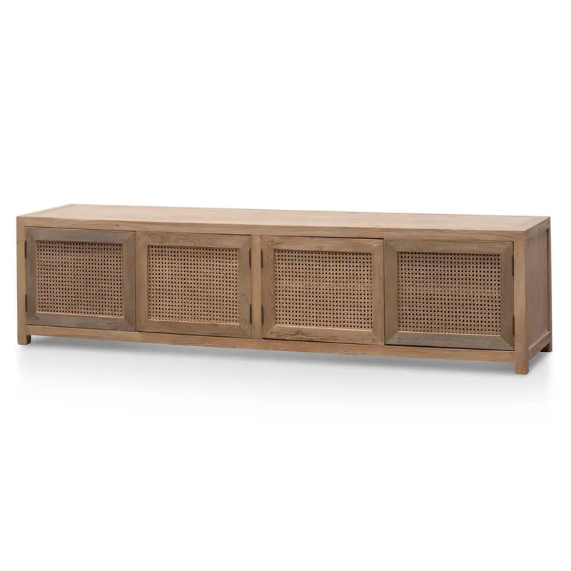 Natural-Finish Tv Unit With Decorative Rattan Cabinet Doors 1