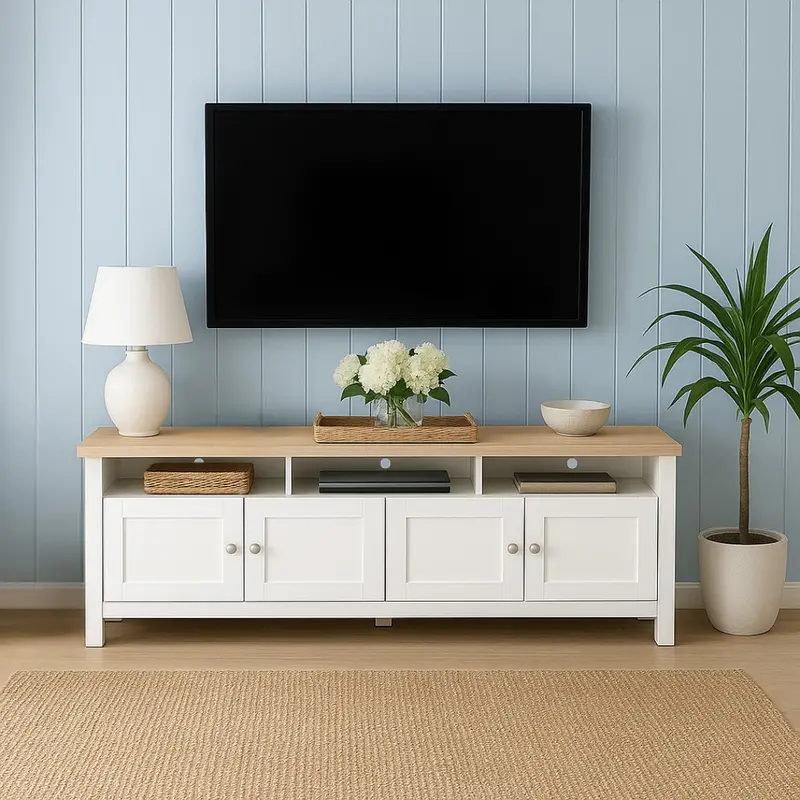 Noosa White And Oak Entertainment Unit – 4-Door Media Console With Open Shelving 1
