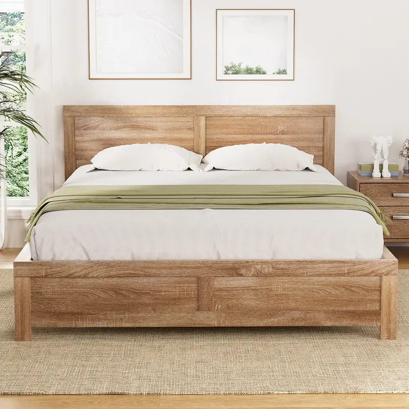 Oatmeal Acacia Wood Queen Bed Frame – Solid Timber Platform Bed With Natural Grain Finish 1