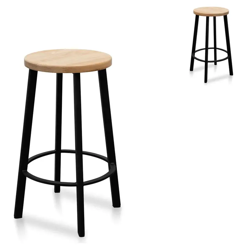 Pair Of 65Cm Bar Stools: Natural Timber Seat & Matte Black Frame 1