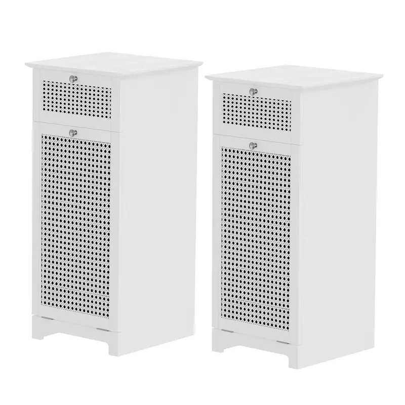 Pair Of White Rattan Laundry Hampers – Freestanding Bathroom Storage Cabinets 1