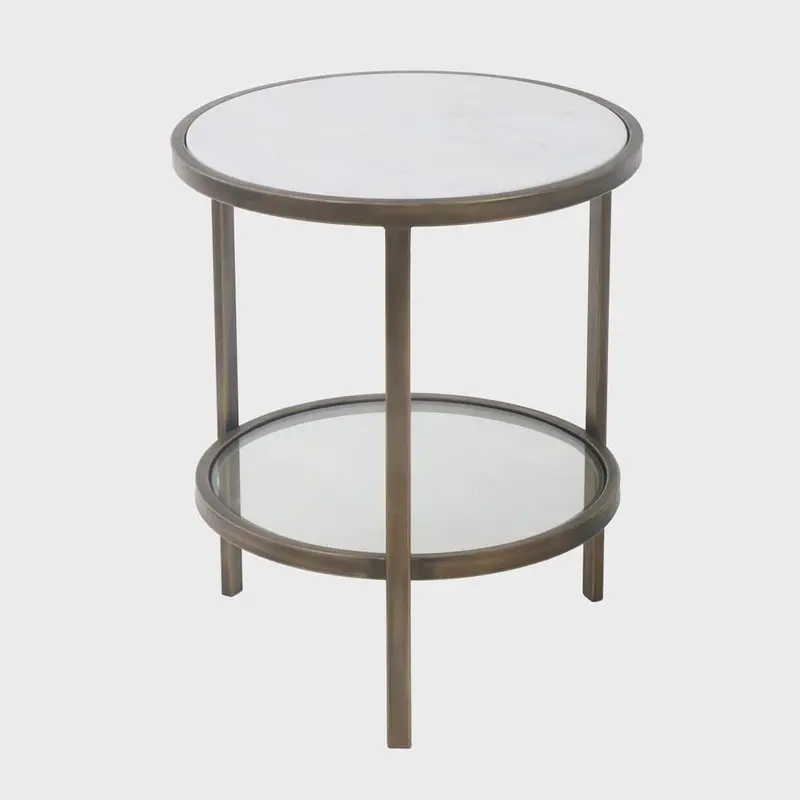 Palladium Side Table – Brass-Finished Iron Frame With Marble Top & Glass Shelf 1