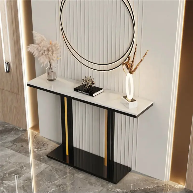 Pandora Stone Marble Console Table With Black Metal Base 1