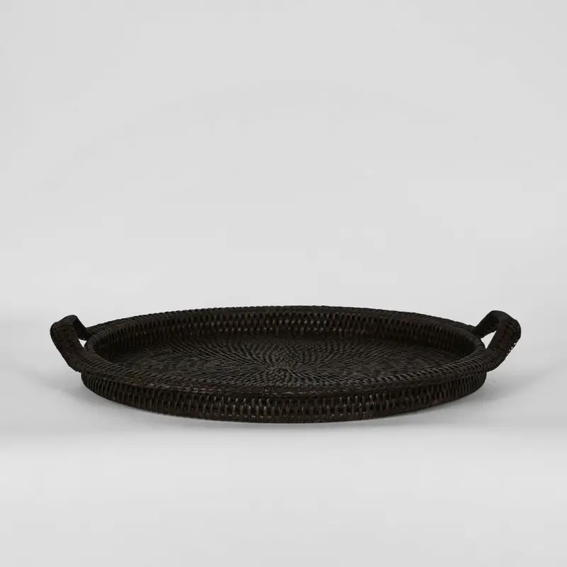 Paume Black Rattan Round Serving Tray With Handles 1