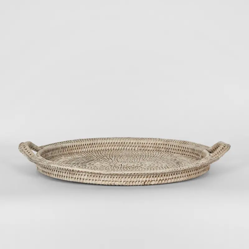 Paume Whitewashed Rattan Round Serving Tray With Handles 1
