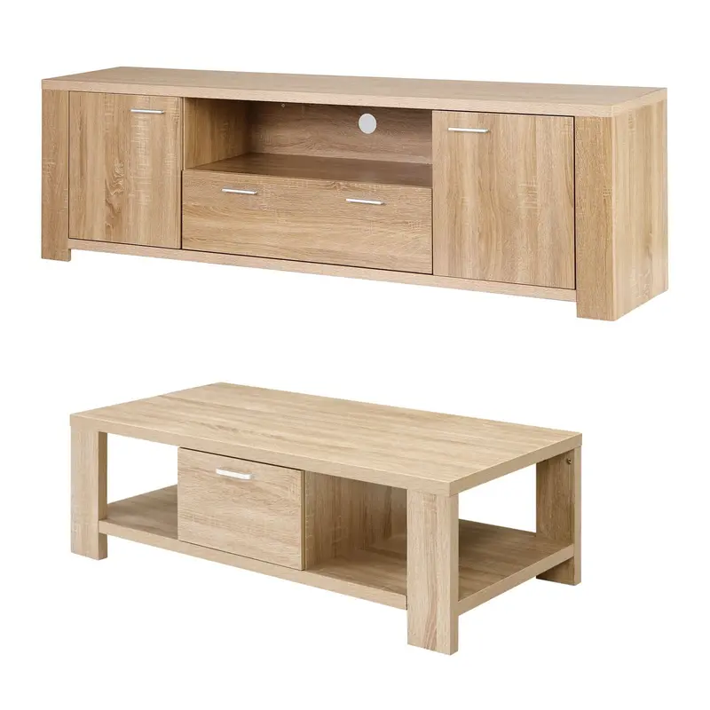Pine-Finished Tv Unit & Coffee Table Set With Drawer Storage 1