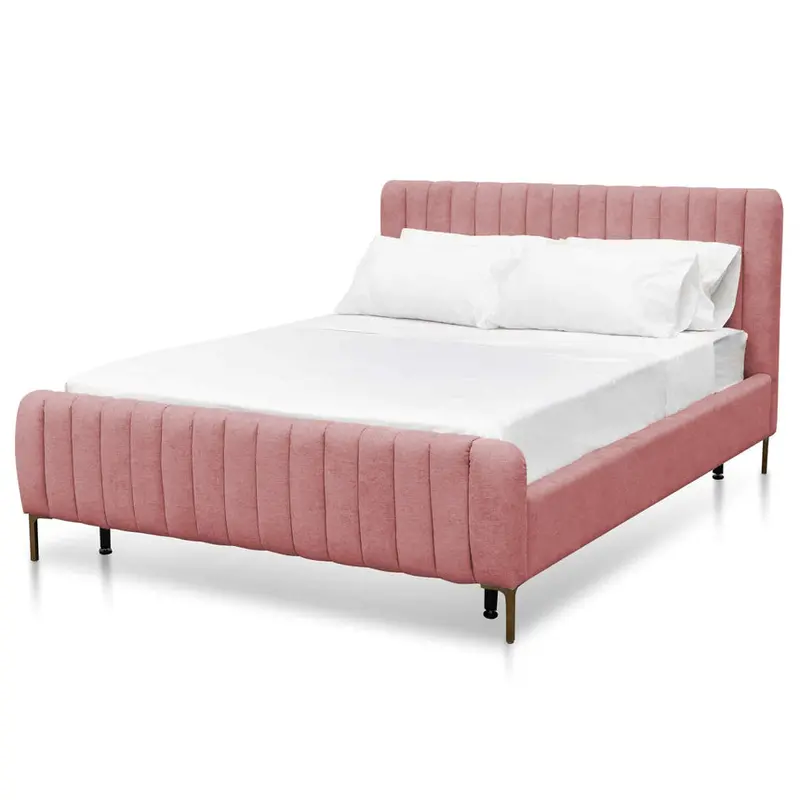 Queen Bed Frame In Blush Peach Velvet Upholstery 1