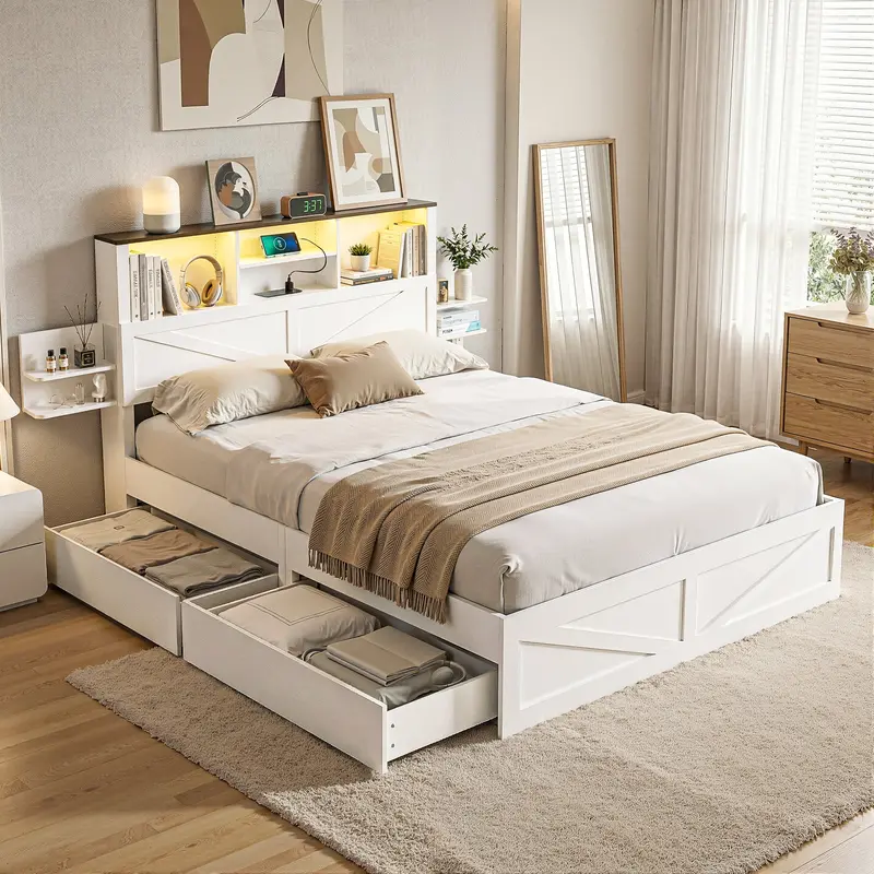 Queen Platform Bed Frame With Storage Drawers – White Bed With Bookcase Headboard, Usb Charging & Led Lights 1