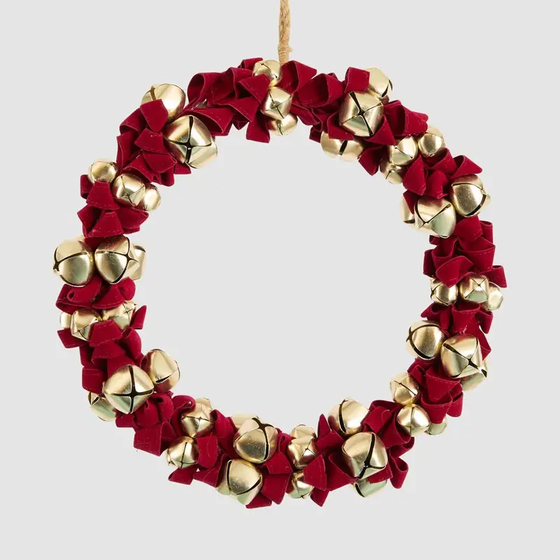 Red Velvet & Gold Bell Wreath – Liberty-Print Festive Door Or Wall Decor 1