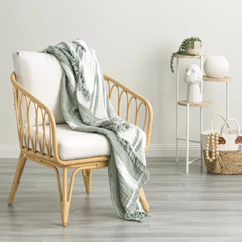 Renee Taylor Pistachio Striped Vintage-Washed Yarn-Dyed Cotton Throw – Textured Throw Blanket 1