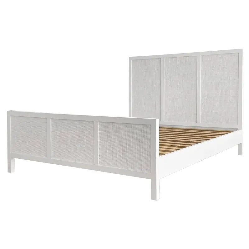 Santorini Hamptons Queen Bed Frame In White (Timber & Rattan) 1