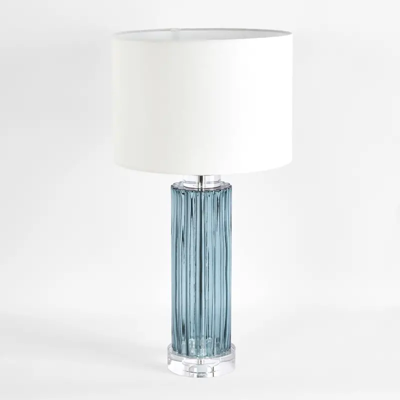 Serento Table Lamp – Blue Glass Base With White Fabric Shade 1