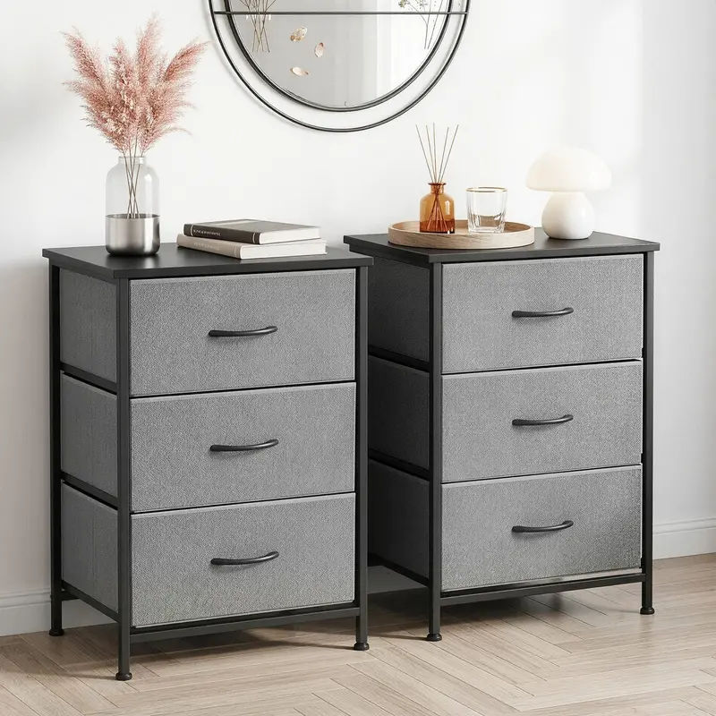 Set Of 2 Grey Tall Storage Dressers – 3-Drawer Chests For Bedrooms Or Offices 1