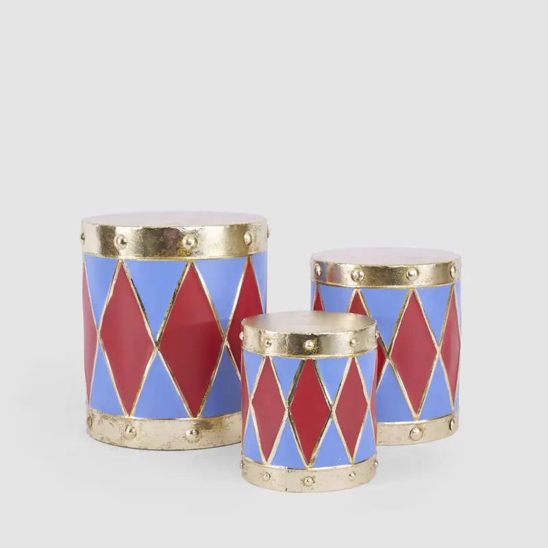Set Of 3 Antique-Style Golden Drums In Red And Blue 1