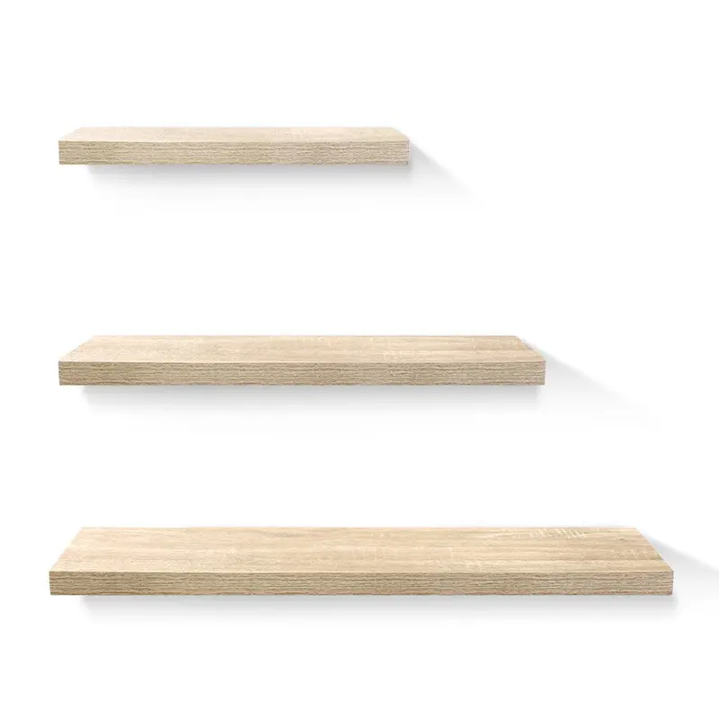 Set Of 3 Floating Wall Shelves – Natural Oak Recessed Display Units For Living Areas 1