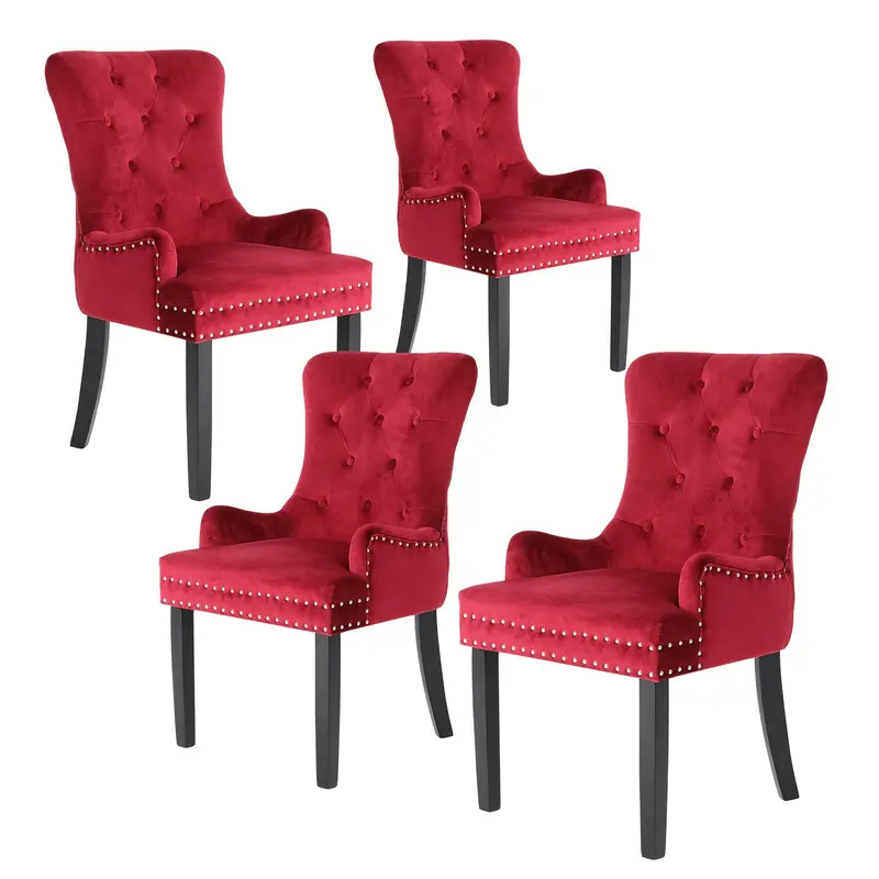 Set Of 4 Bordeaux Red French Provincial Dining Chairs – Ring-Studded Lisse Velvet On Rubberwood 1