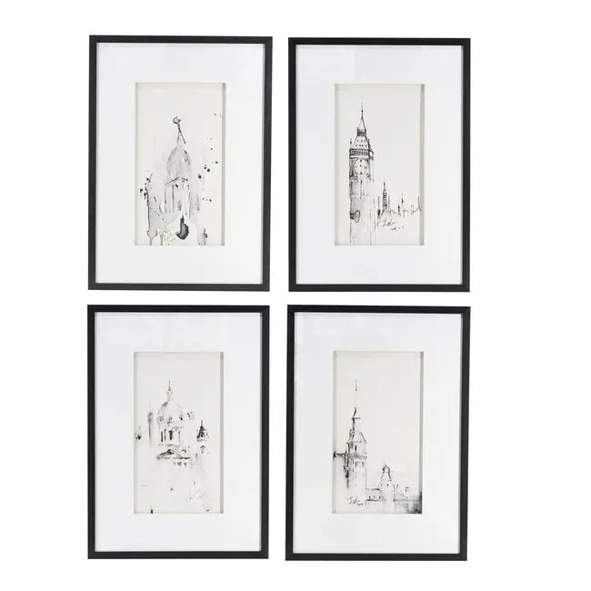 Set Of 4 Framed Steeple Building Art Prints – Architectural Cityscape Collection 1