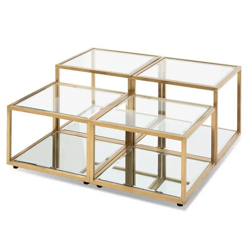 Set Of 4 Glass Coffee Tables – Brushed Gold Metal Base 1