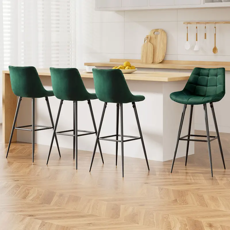 Set Of 4 Green Velvet Bar Stools For Kitchen Or Home Bar 1