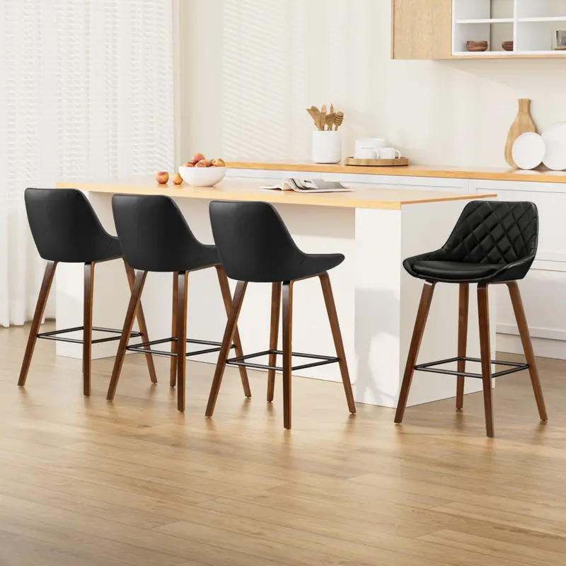 Set Of 4 Pu-Fabric Bar Stools – Padded Seat, Wooden Legs 1