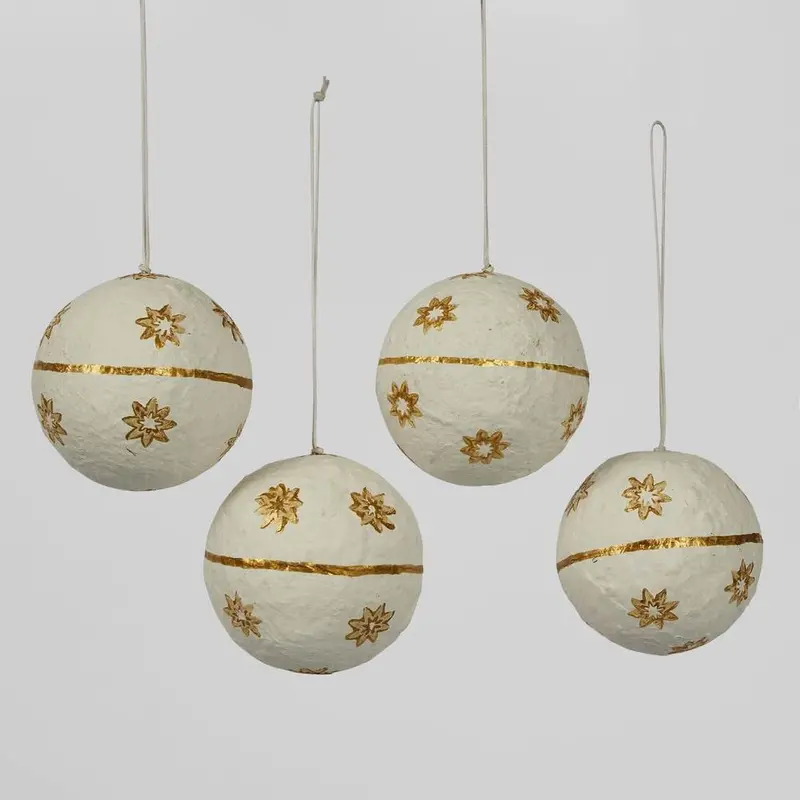 Set Of 4 White Mache Hanging Ball Ornaments – Lightweight Decorative Spheres 1