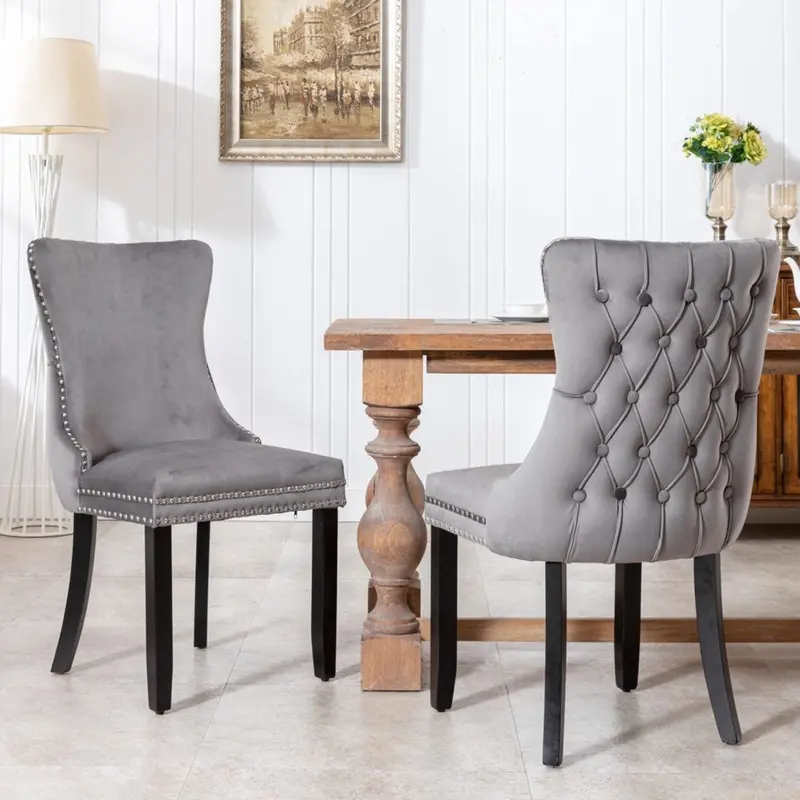 Set Of 6 Tufted Velvet Dining Chairs – Wingback Style With Stud Trim & Solid Wood Legs 1