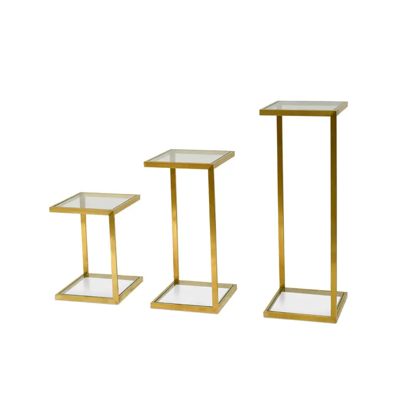 Set Of Three Glass-Topped Side Tables With Gold Metal Bases 1