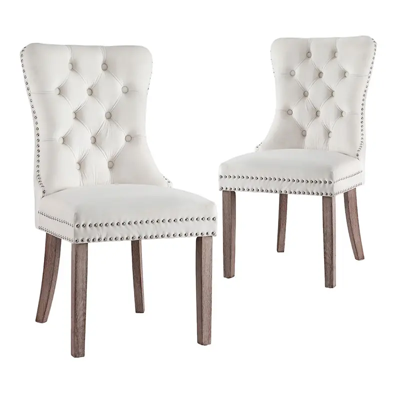 Set Of Two Beige Velvet Dining Chairs – Modern Upholstered Seating 1
