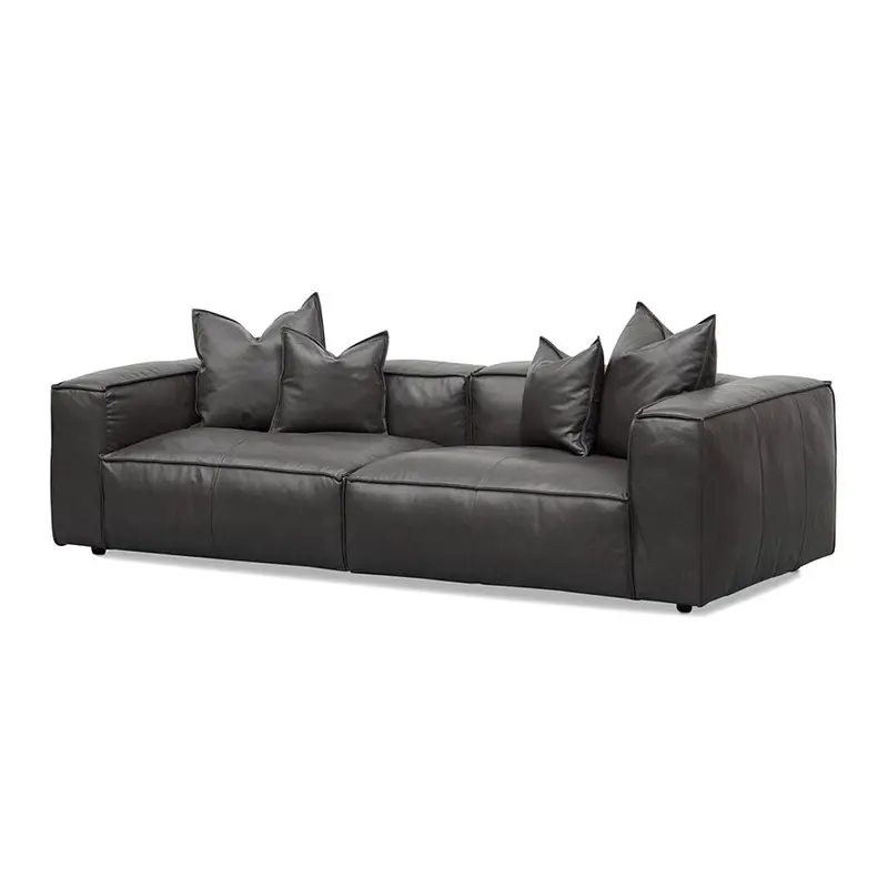 Shadow Grey Leather Four-Seat Sofa With Cushions & Pillows 1