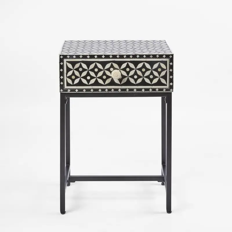 Stella Bone-Inlay Bedside Table – Black And White Inlay With Black Base 1