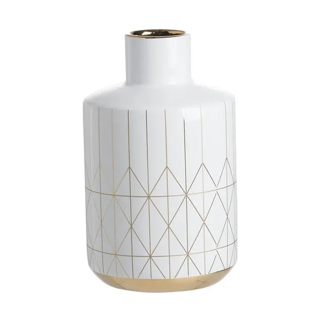 Tall Geo Ceramic Vase – 25Cm Gloss White Finish With Gold Trim, Indoor/Outdoor Versatile Design 1