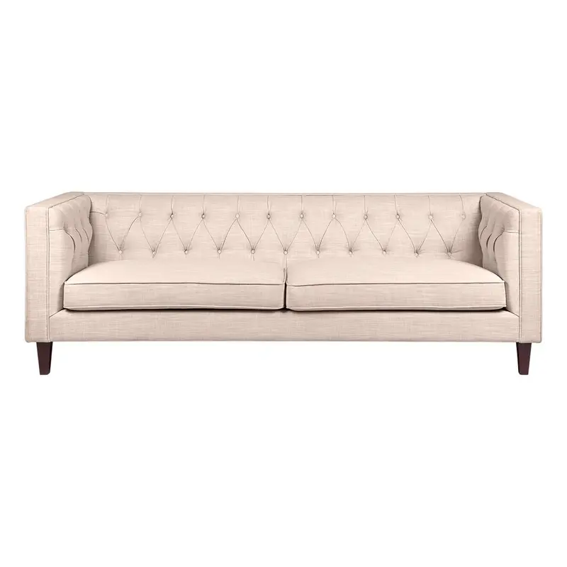 Tuxedo-Style 3-Seater Tufted Sofa In Fawn Linen Fabric 1