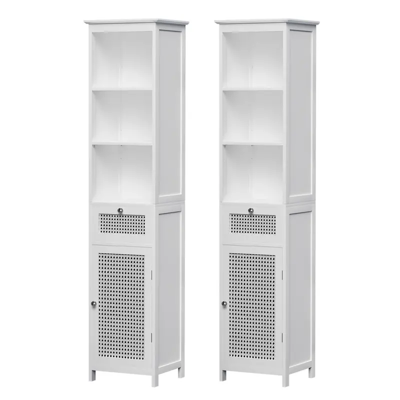 Twin White Rattan Bathroom Cabinets – 161Cm Tall Storage Solution With Natural Texture 1