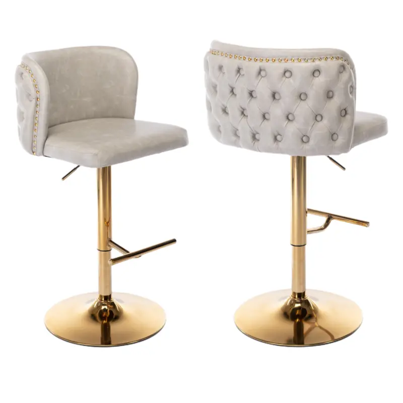 Two Beige Faux Leather Swivel Bar Stools With Metallic Gold Base 1