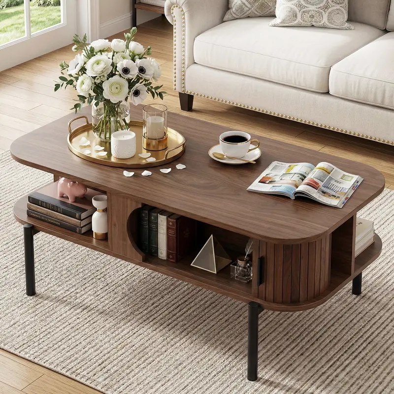 Walnut-Finish Living Room Coffee Table – Center Table With Shelf & Cabinet Storage 1