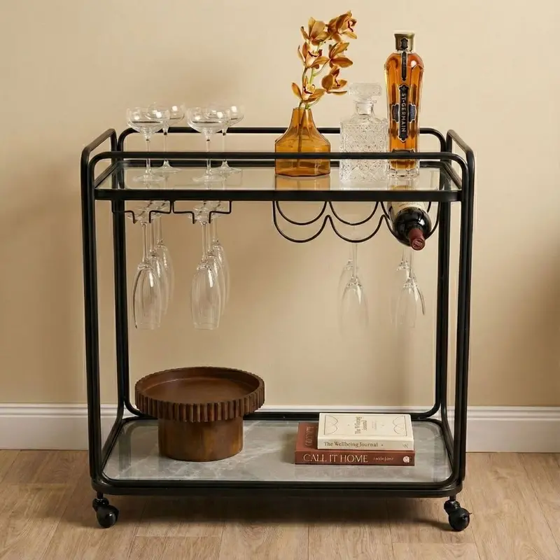 Wentworth Black Rectangle Bar Cart – Modern Rolling Bar Unit 1