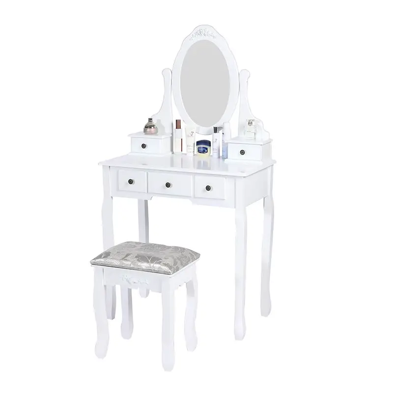 White Carved Dressing Table Set With Mirror And Matching Stool 1