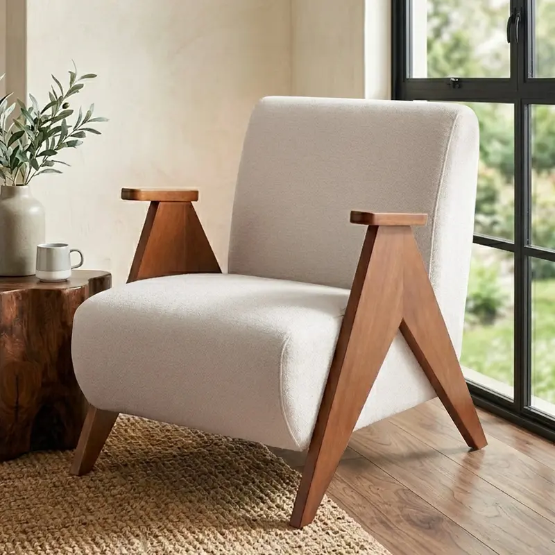 White Chenille Upholstered Accent Armchair With Solid Wood Frame 1