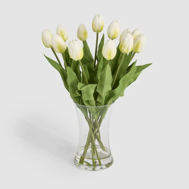 White Tulip Floral Display – Lifelike Arrangement In Clear Vase 1