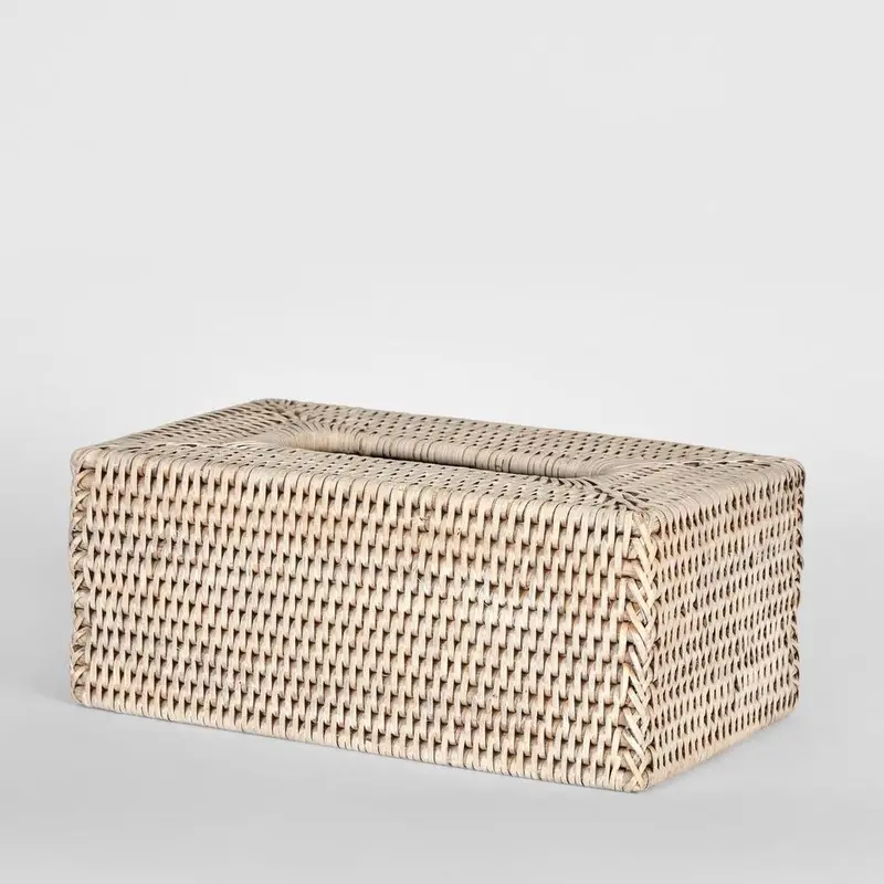 White-Washed Rattan Rectangle Tissue Box Cover – Paume Collection 1