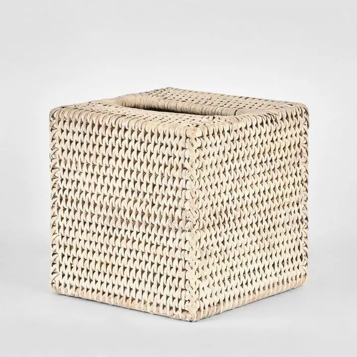 White-Washed Rattan Square Tissue Box Cover – Paume Design 1