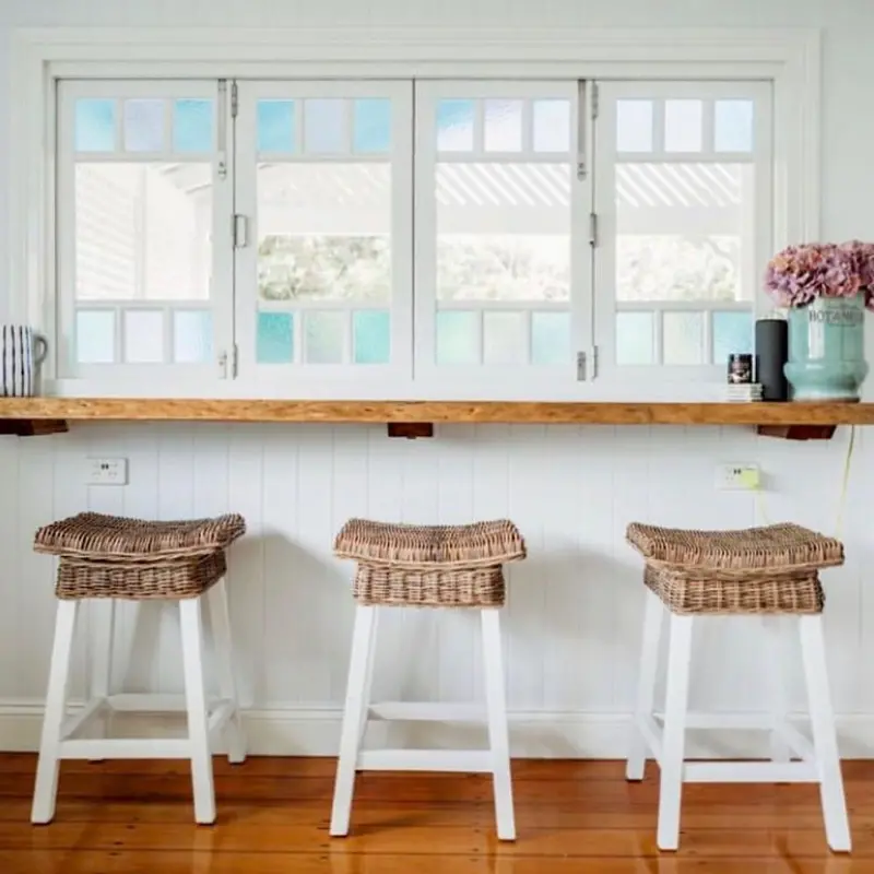White Wood And Rattan Hamptons-Style Bar Stool 1