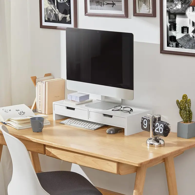 White Wooden Monitor Stand With Integrated Storage Drawers 1