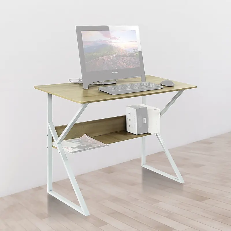 Wood And Metal Computer Desk – Dual-Tier Home Office Workstation With Shelf 1