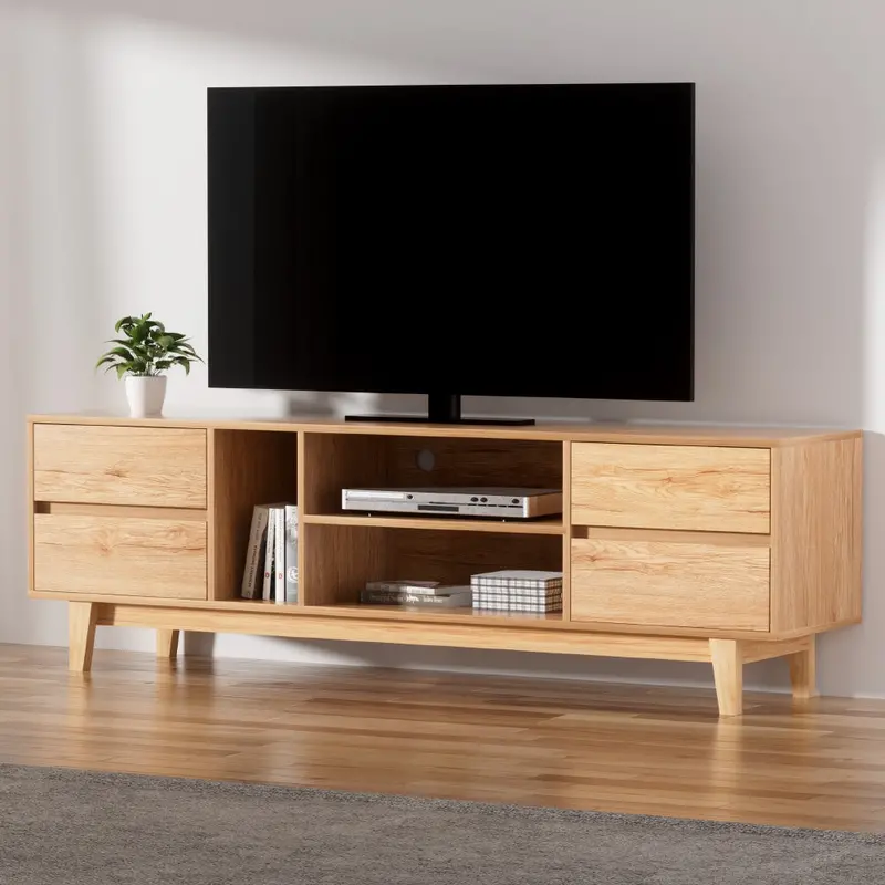 Wooden Entertainment Unit With Drawers – 180Cm Tv Stand Featuring Open & Closed Shelving 1