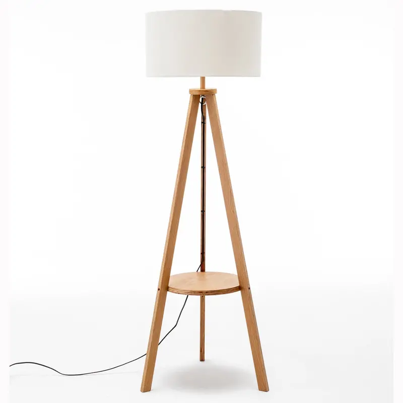 Wooden Tripod Floor Lamp With Integrated Round Shelf & Off-White Linen Shade 1