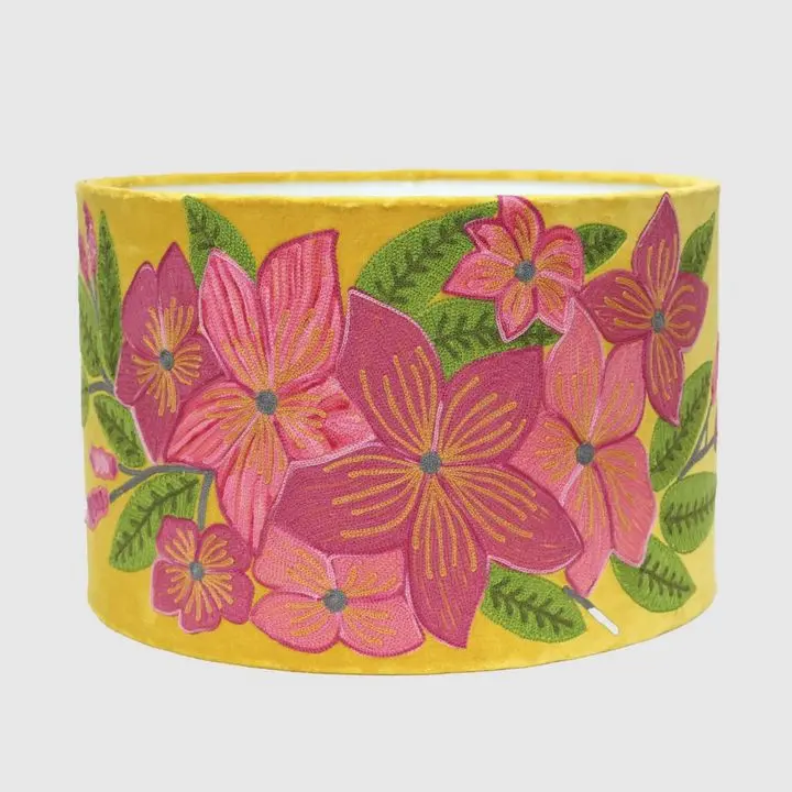 Yellow-Lined Pink Frangipani Drum Shade – 40X25Cm 1