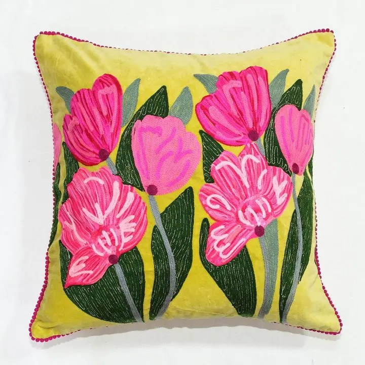 Yellow Lotus-Print Decorative Cushion – 50X50Cm Square 1